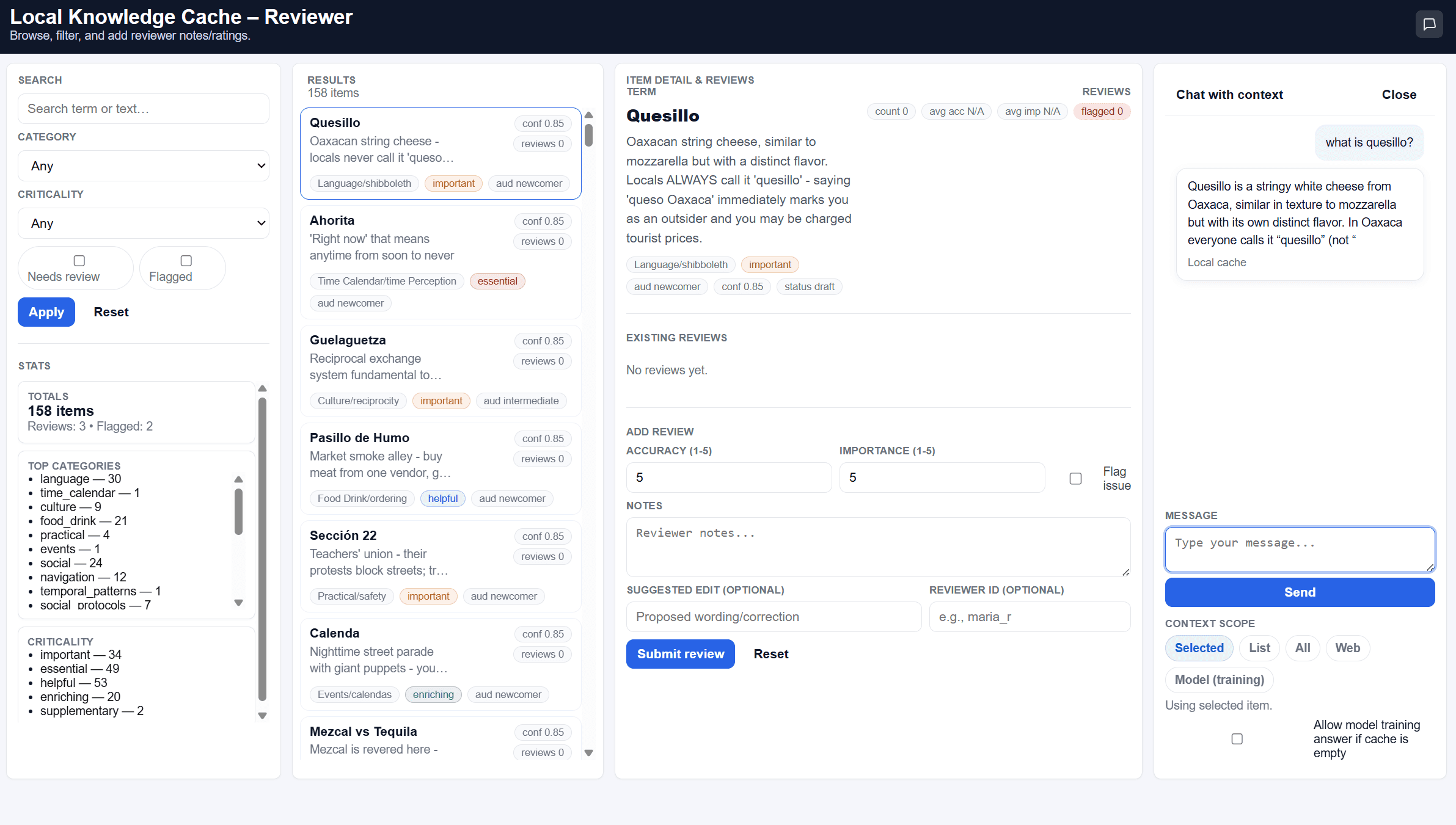 Web viewer interface for searchable, socially-verified local knowledge.