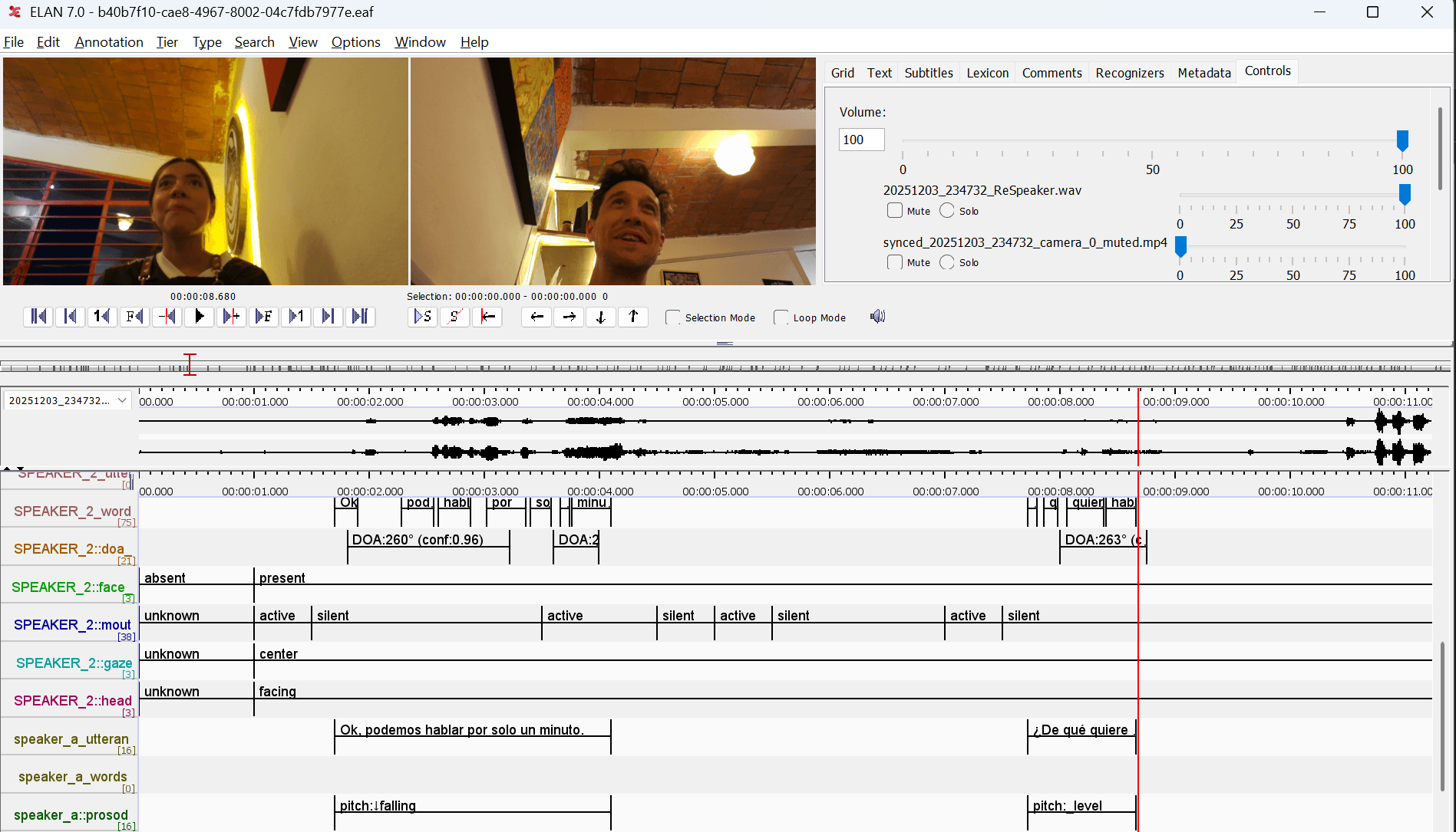 A multimodal convo-box session is transcribed and opens in ELAN software, shown.